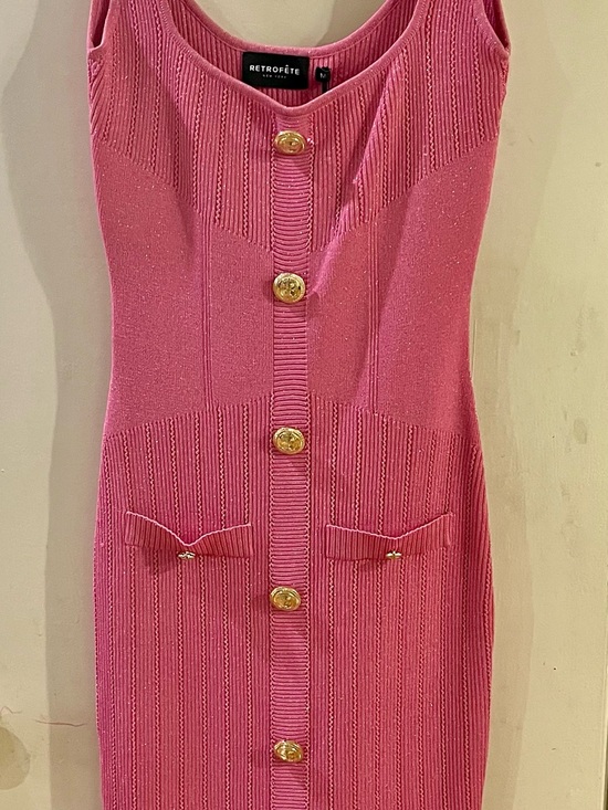 Retrofete Dresses & Skirts - Sleeveless Pink Ribbed Metallic Button-Front Midi Dress